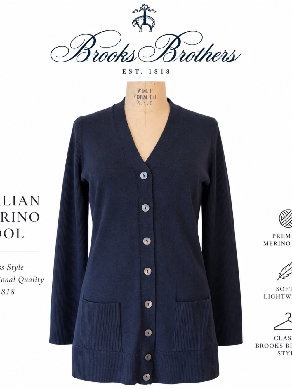 Brooks Brothers Navy Italian Merino Wool Long Cardigan Sweater